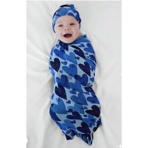 Little Sleepies Swaddle Blanket & Headband Set – Blue Hearts & Crafts Print
